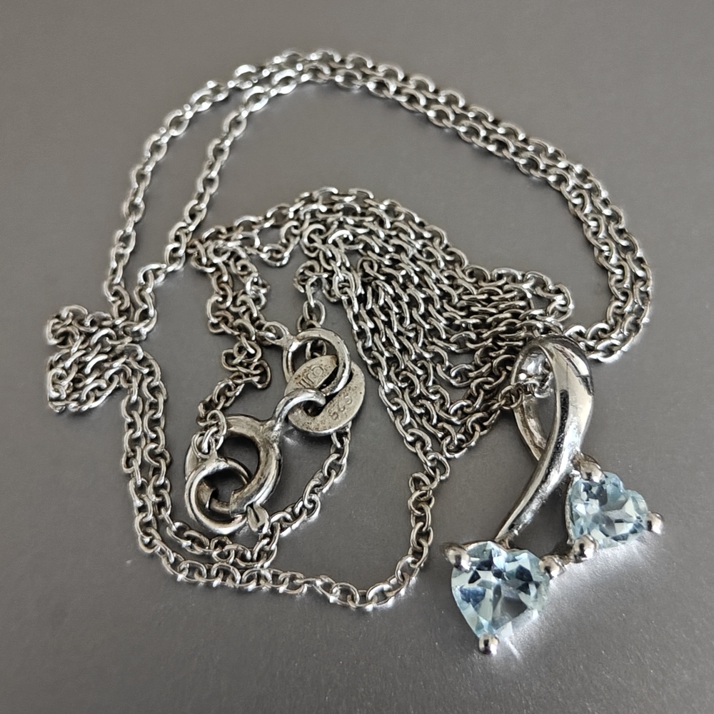 Dainty Sterling Silver And Aquamarine Hearts Pendant Necklace